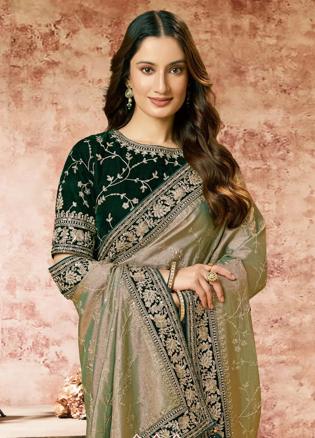 Sage Green Handwoven Zari Tissue Designer Saree with Swarovski Work - view 2
