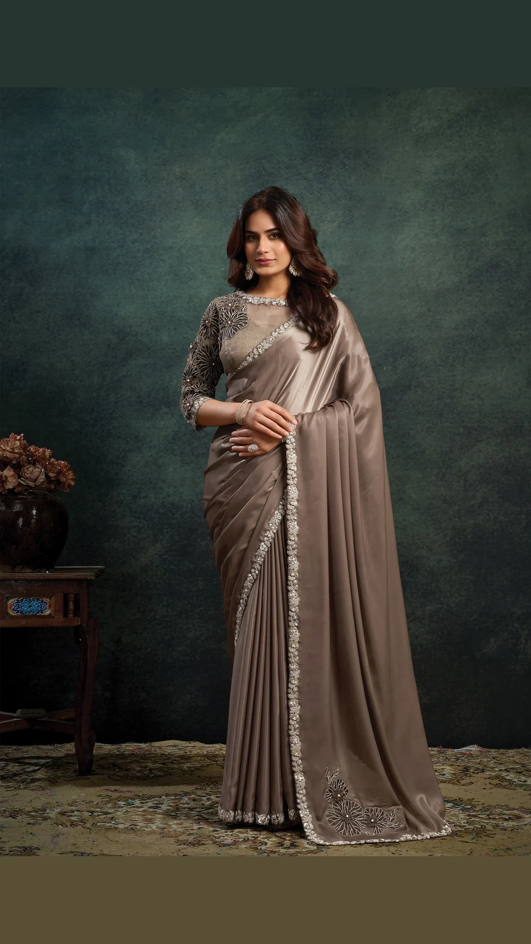 Chiku Soft Satin Festive Designer Saree with Dual Sequin Applique Work