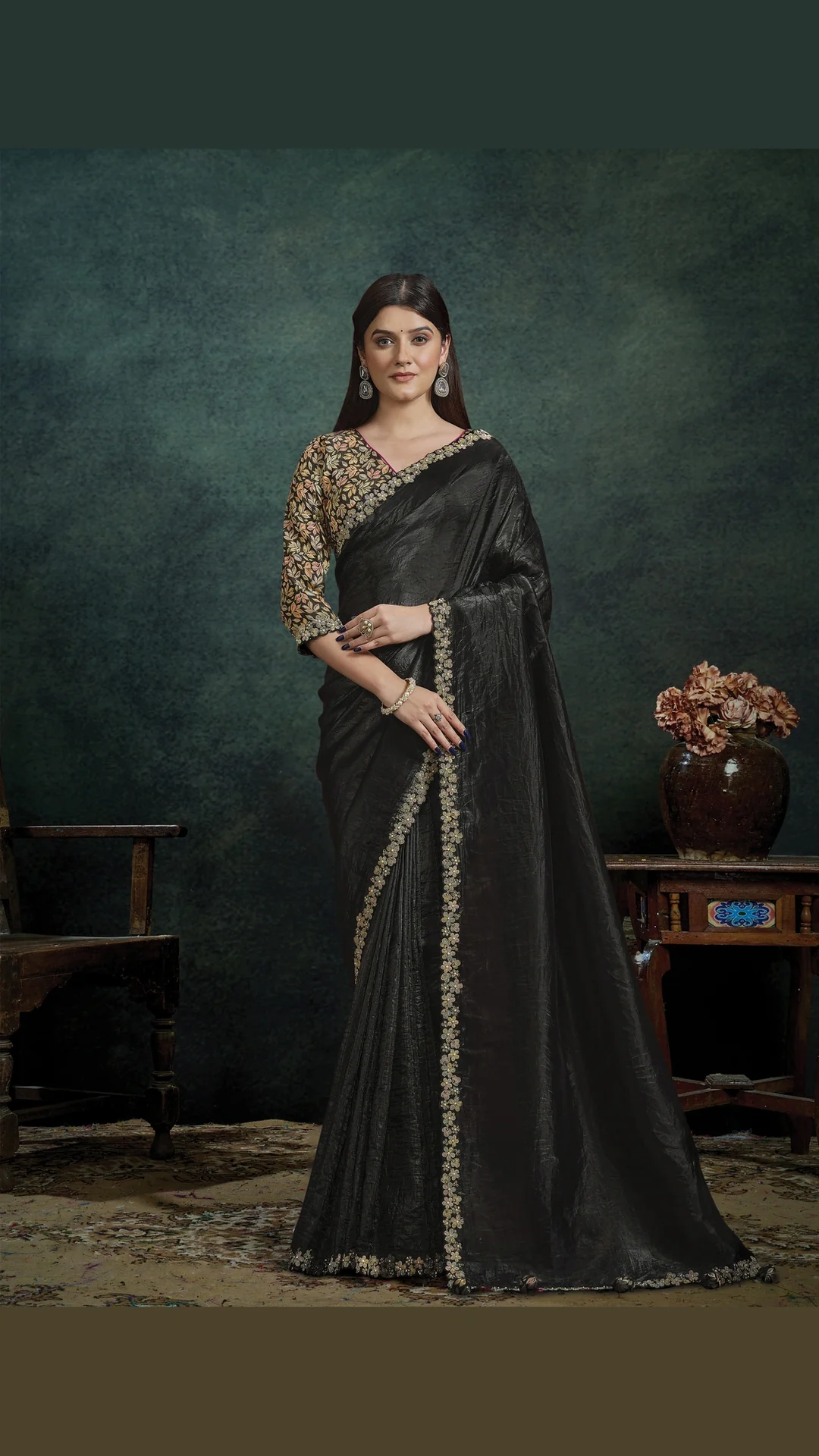 Black Crush Paper Silk Festive Designer Saree with Moti Handwork