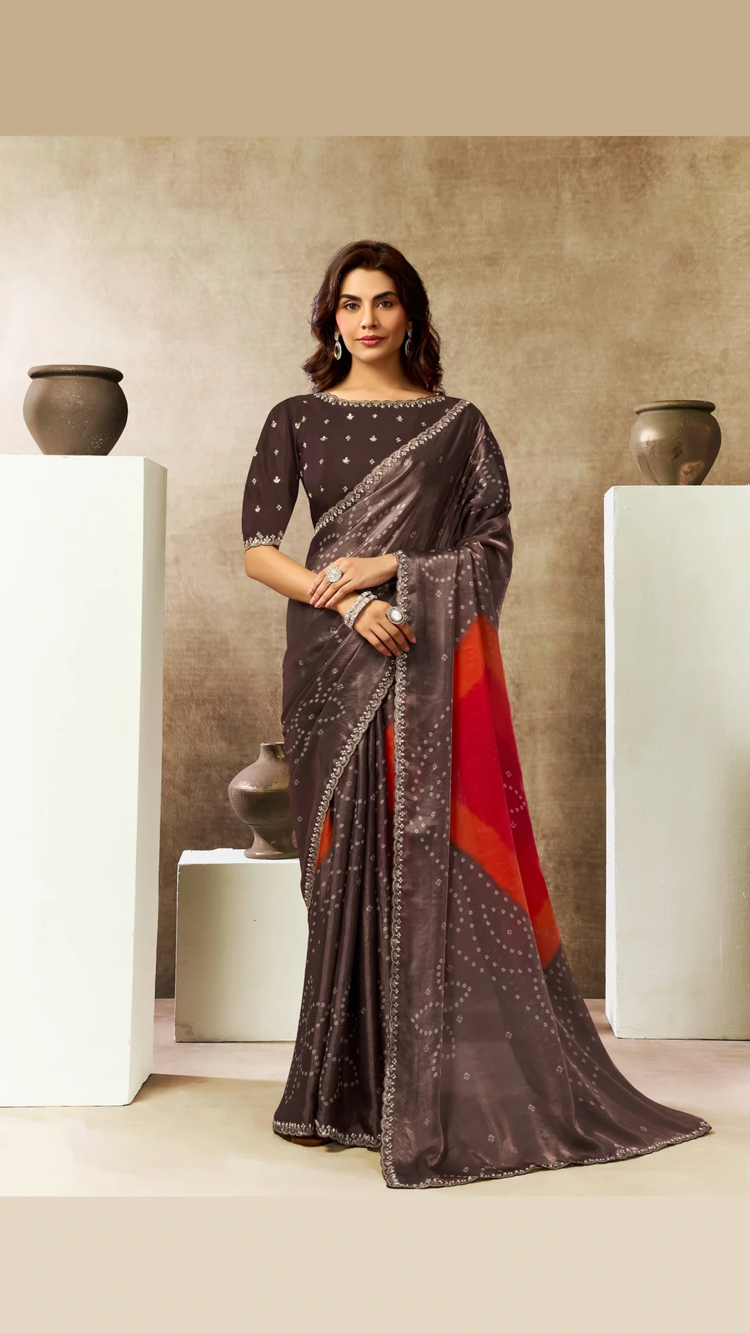 Coffee Bandhani Print Two Tone Satin Silk Festive Designer Saree
