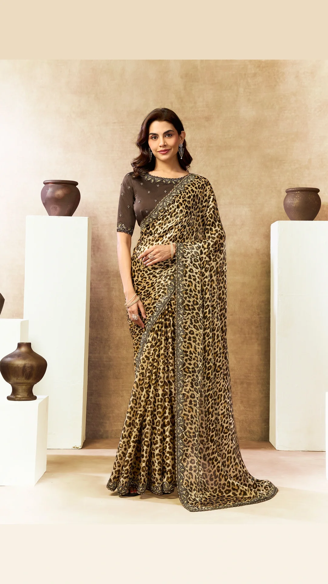 Cream Leopard Print Two Tone Satin Silk Festive Designer Saree