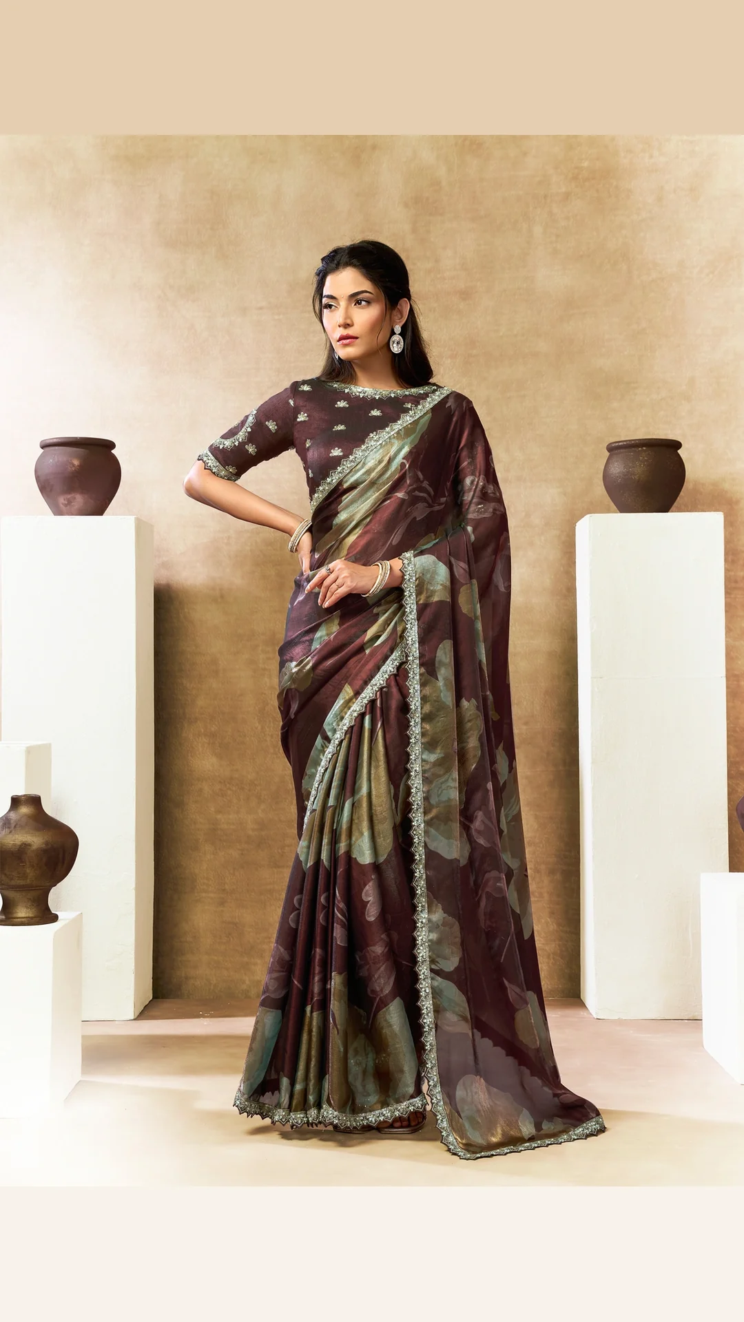 Coffee Floral Print Two Tone Satin Silk Festive Designer Saree
