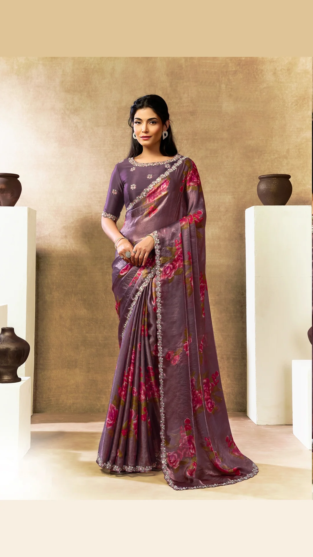 Coffee Multi Thread Floral Two Tone Satin Silk Festive Designer Saree