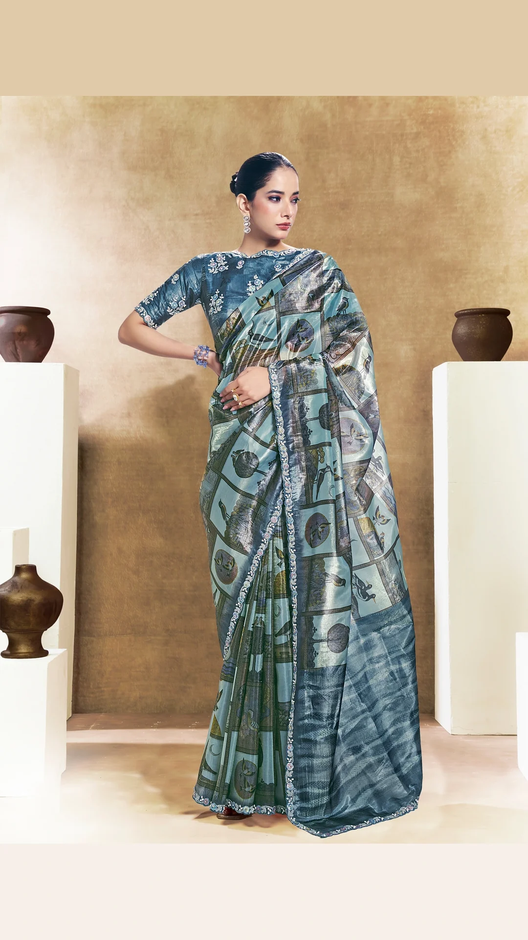 Blue Traditional Print Two Tone Paper Silk Festive Designer Saree
