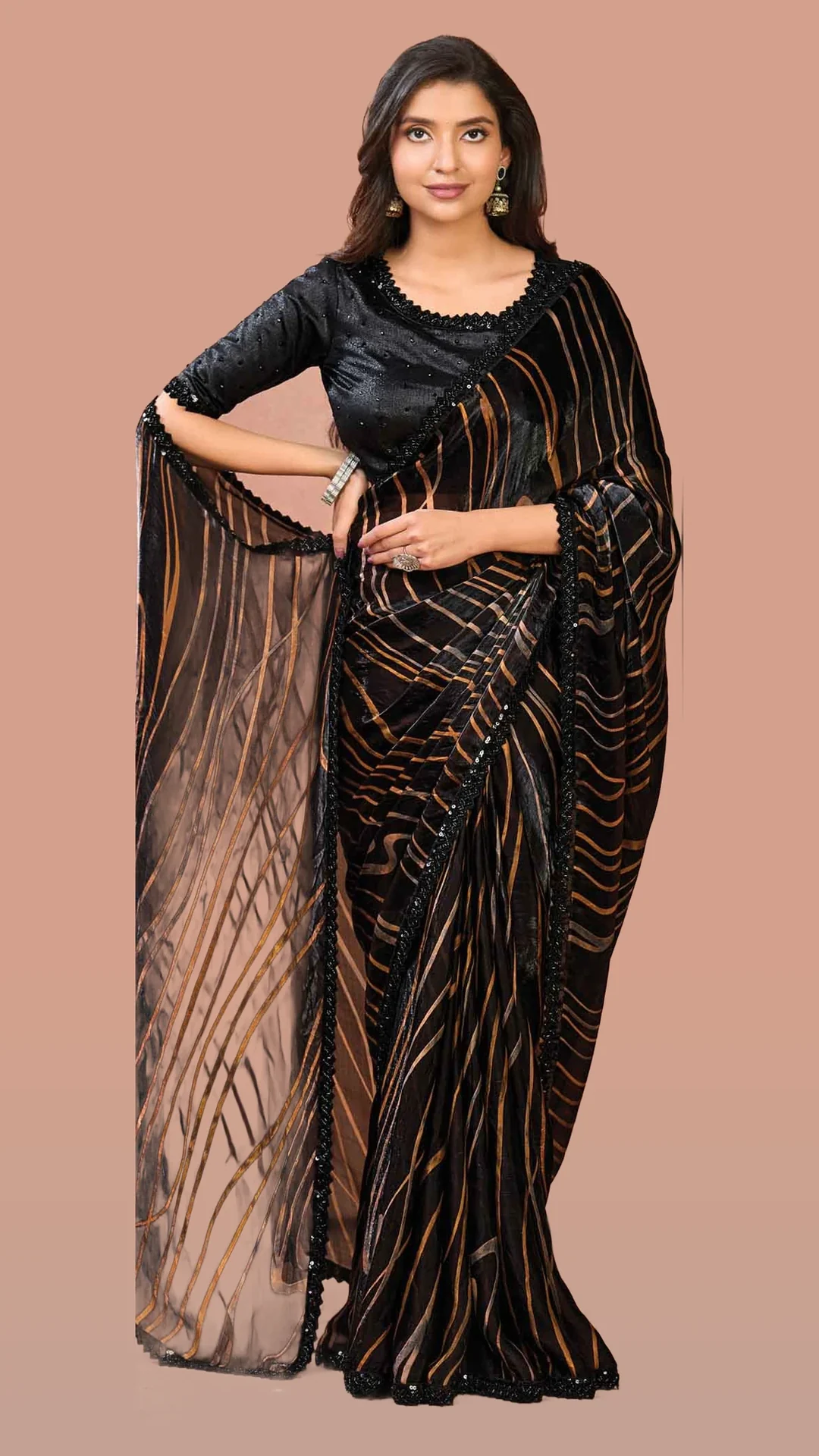 Black Bandhej Two Tone Satin Silk Festive Saree with Mirror Handwork