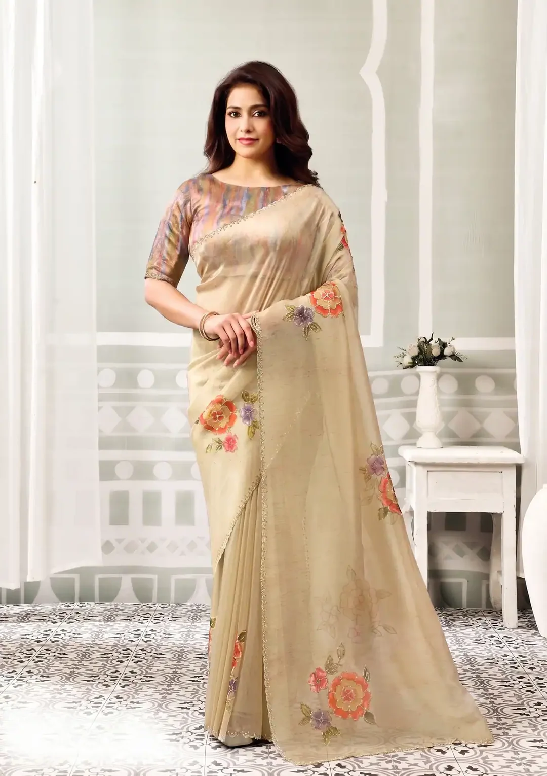 Beige Organza Tissue Festive Saree with Swarovski Stone Work