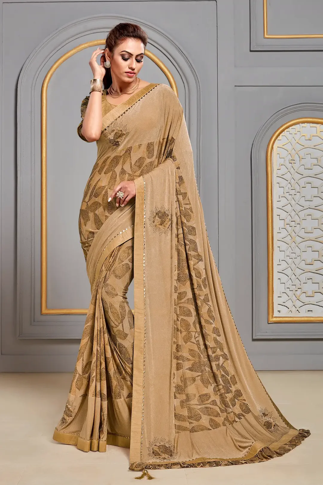 Beige Jute Silk Designer Saree with Print and Stone Work
