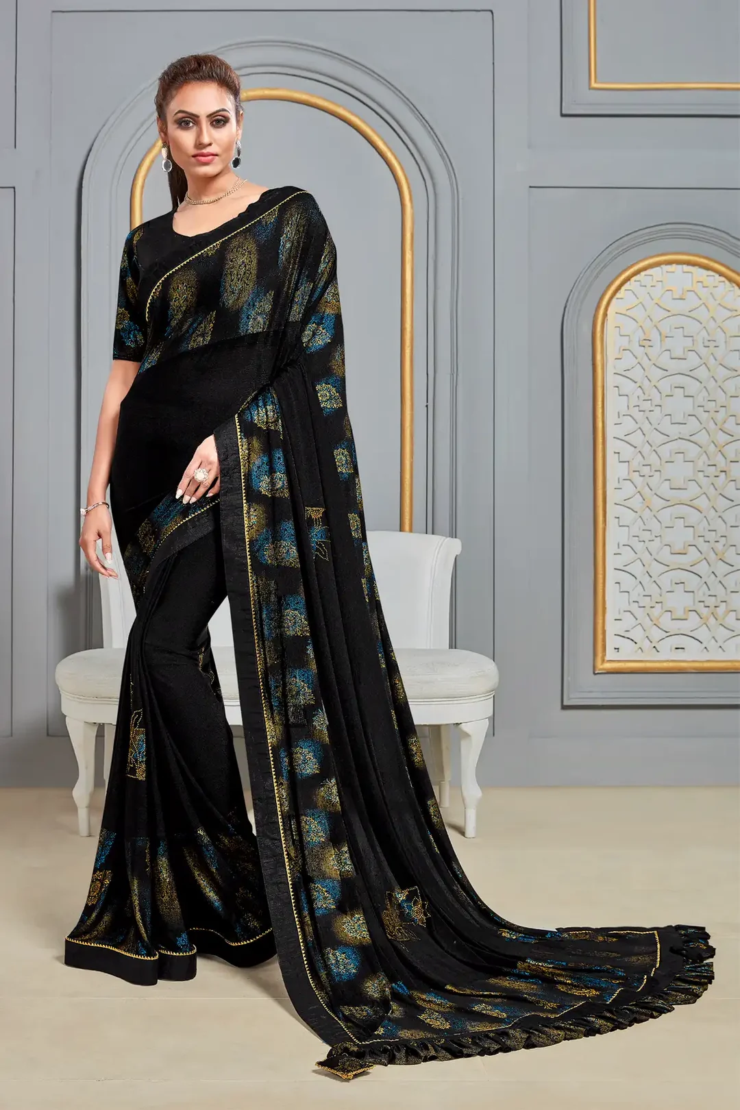 Black Jute Silk Designer Saree with Print and Stone Work