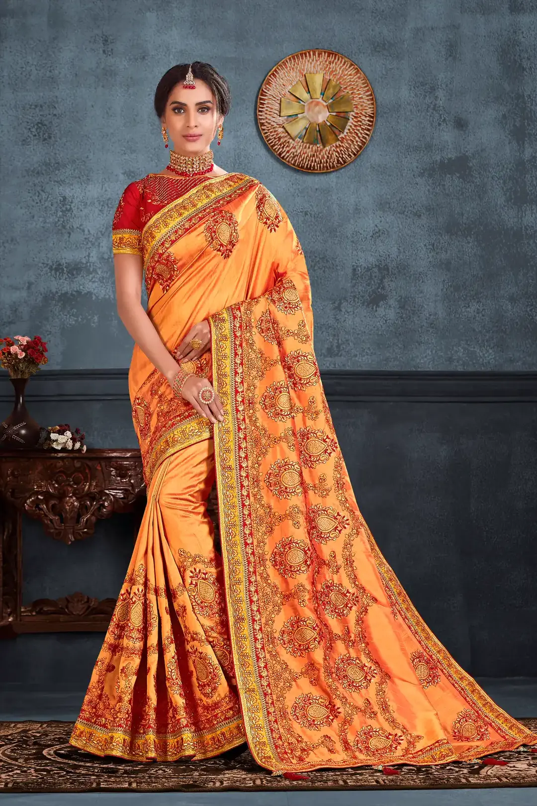 Orange Poly Silk Designer Saree with Heavy Embroidered Work
