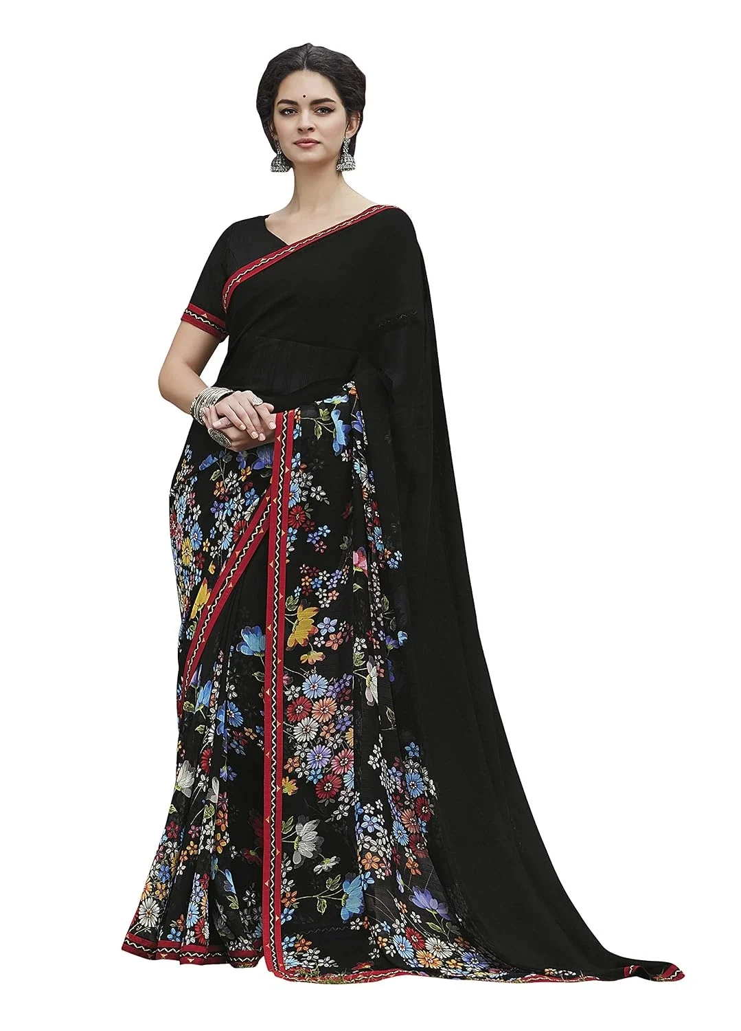 Black Georgette Designer Saree with Unstitched Blouse Piece — Design 6101