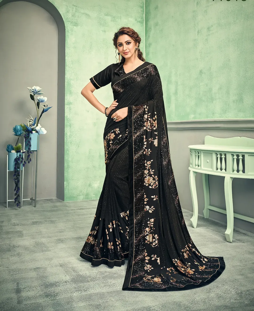 Black Lycra Designer Saree with Sequin Embroidery and Foil Printed Fabric