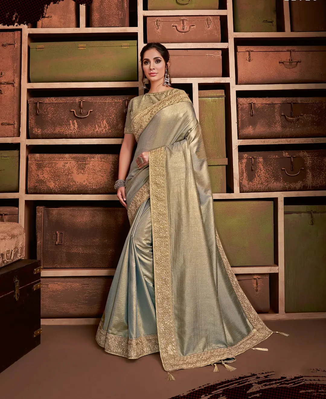 Beige and Gold Tussar Silk Designer Saree with Resham and Sequin Work
