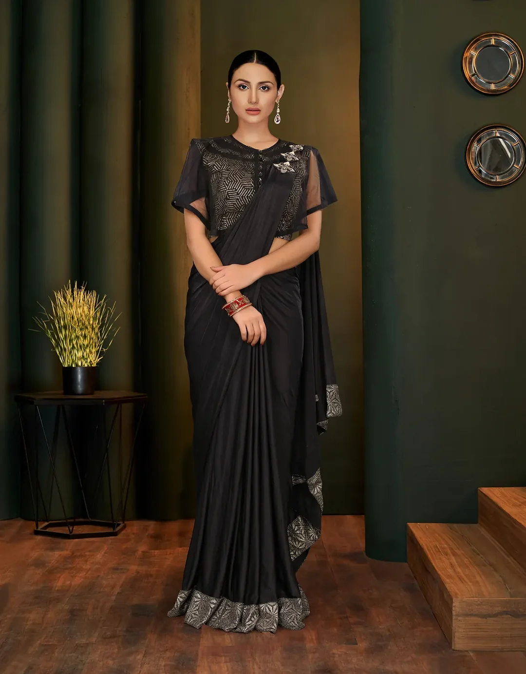 Black Lycra Designer Saree with Handwork Butta and Sequins Blouse