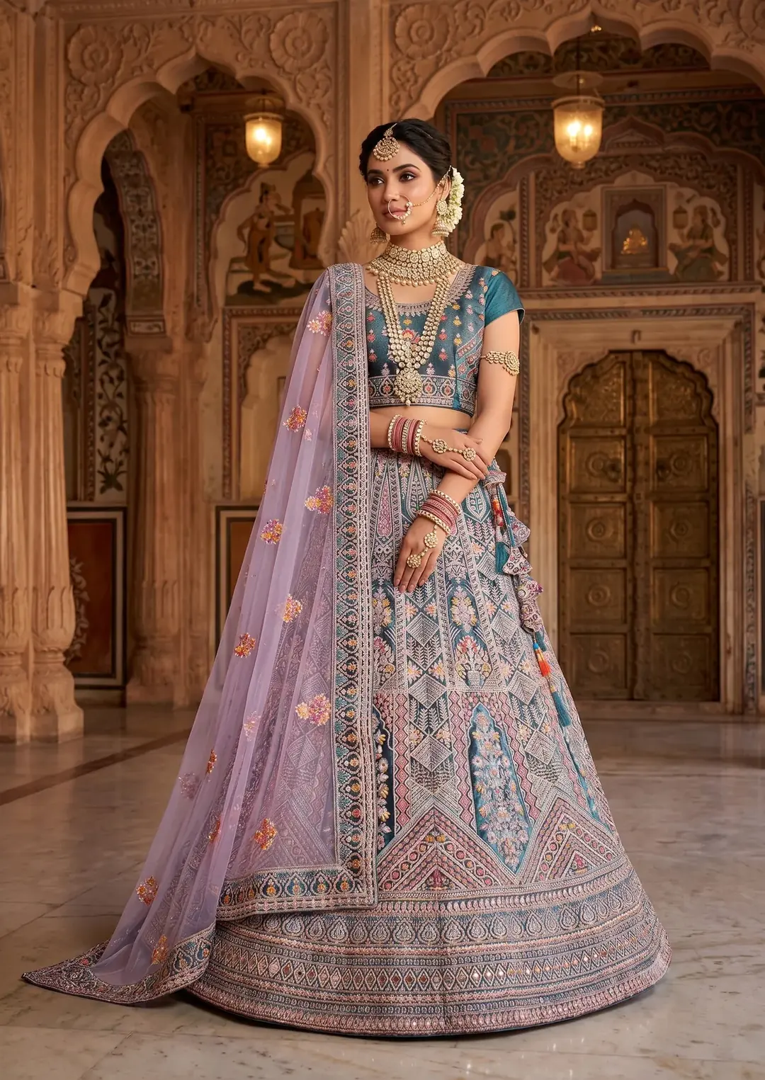 Blue Velvet Semi-Stitched Lehenga Choli with Cord Embroidery