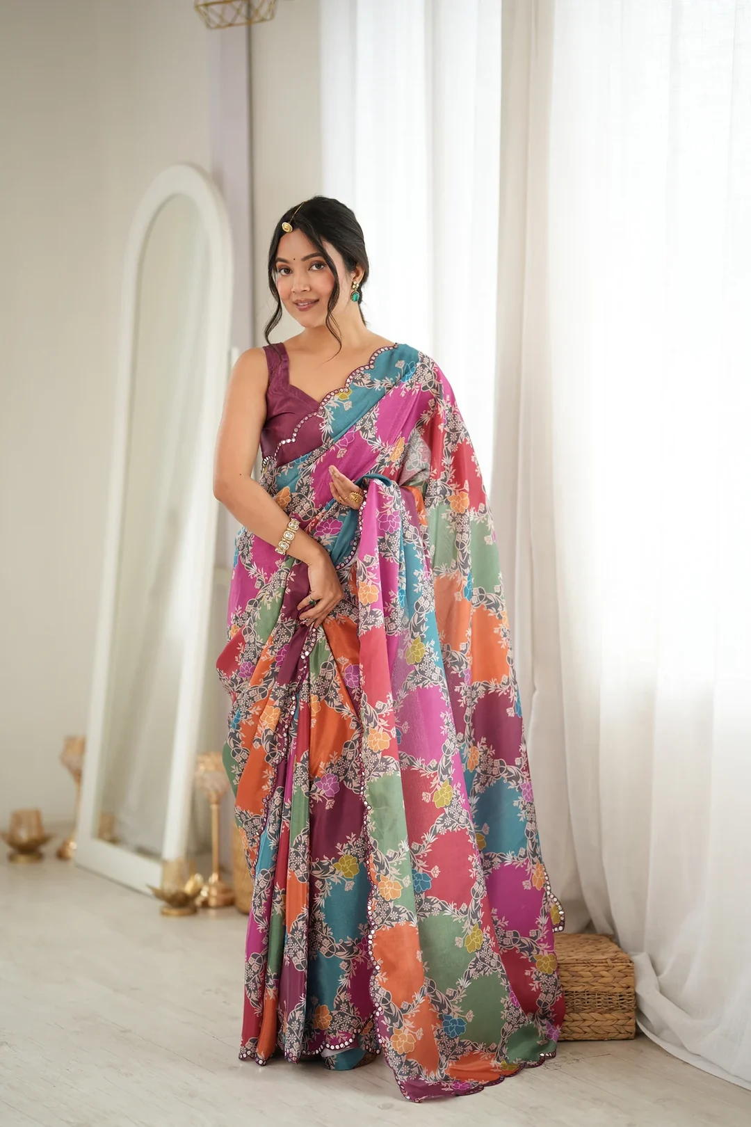 White Multicolour Floral Patch Chinon Festive Saree with Mirror Cut Work