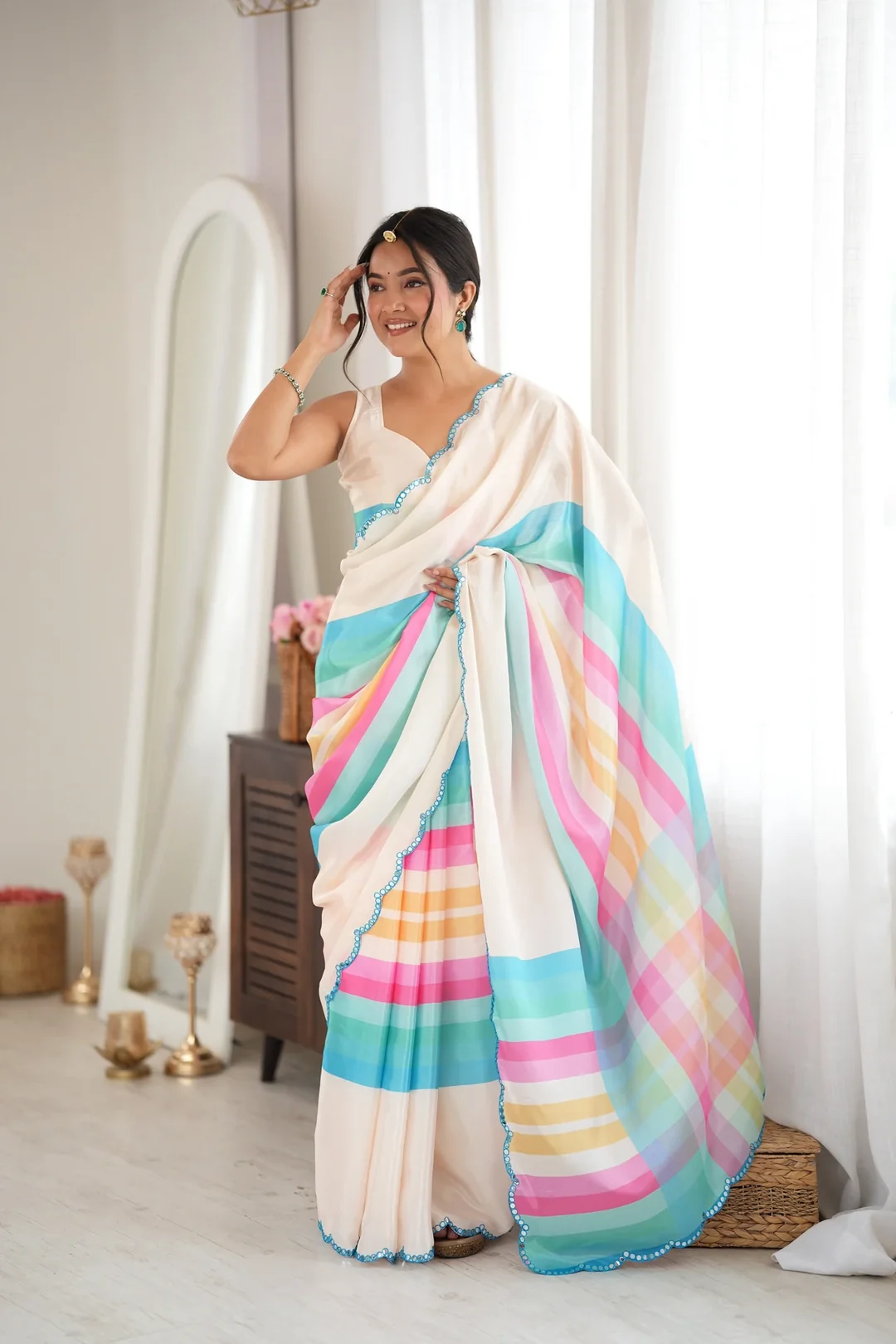 Ivory Pastel Stripe Chinon Festive Saree with Mirror Cut Work