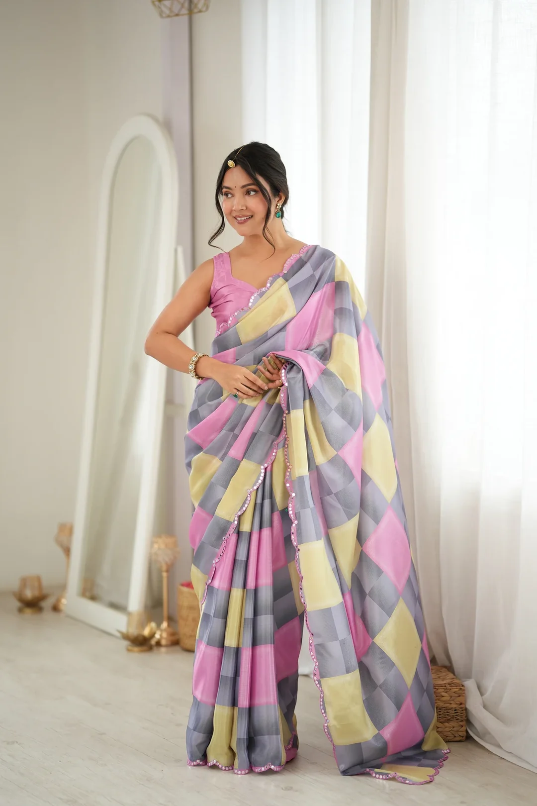 Grey and Pink Colour Block Chinon Festive Saree with Mirror Cut Work