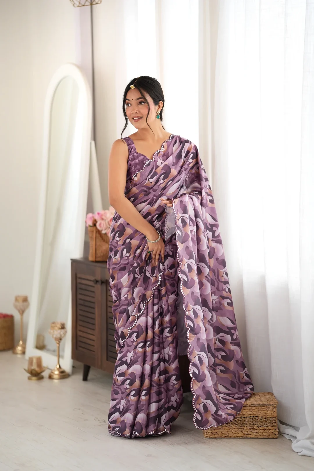 Mauve Purple Abstract Chinon Festive Saree with Mirror Cut Work