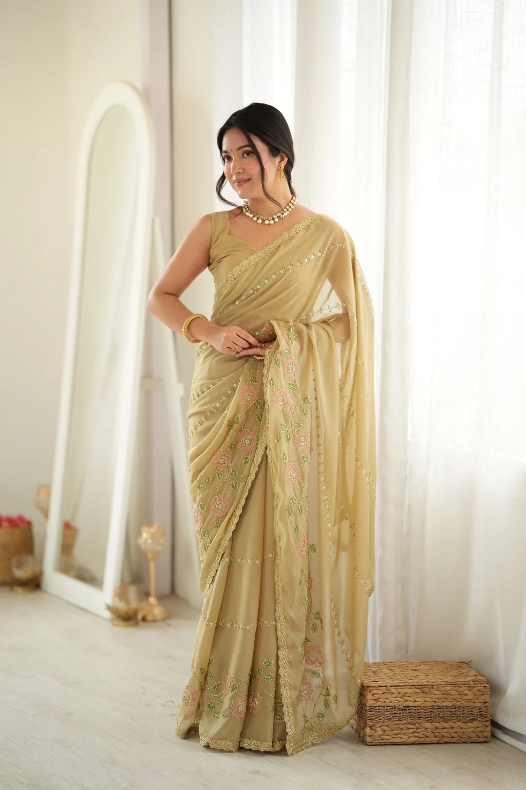 Beige Star Georgette Festive Saree with Multi-Thread & Beads Embroidery