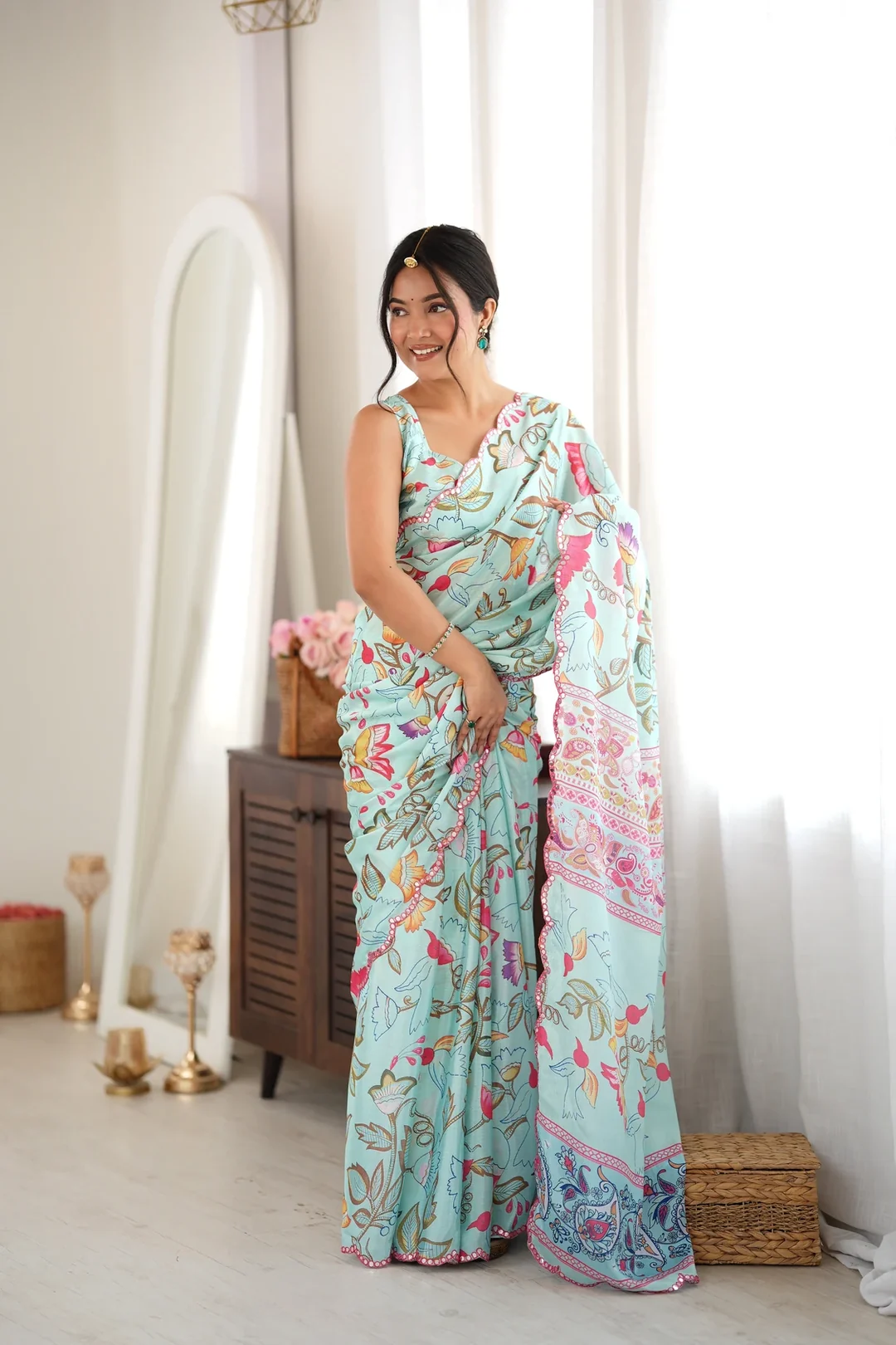 Aqua Blue Floral Chinon Festive Saree with Mirror Cut Work