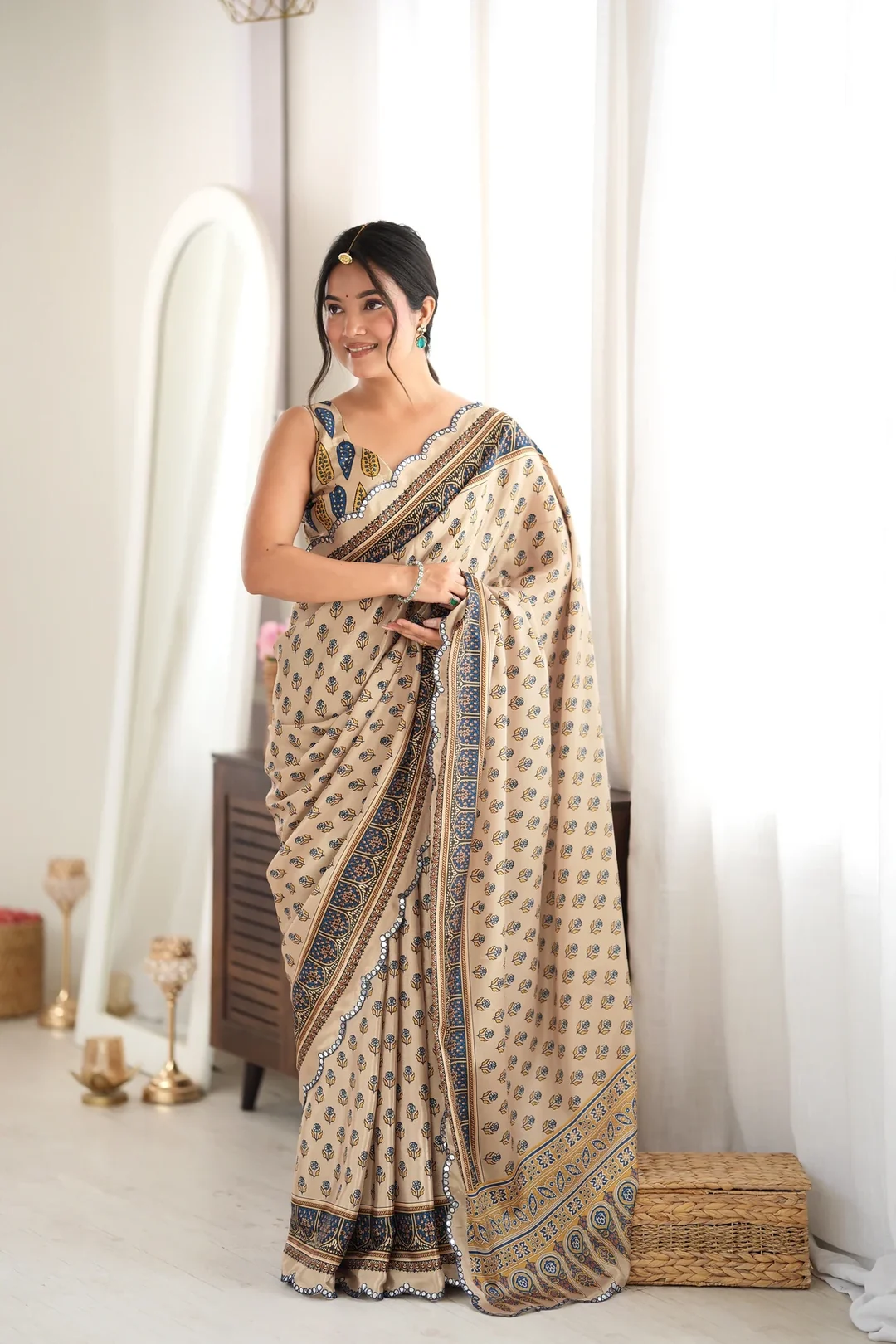 Beige and Green Floral Chinon Festive Saree with Mirror Cut Work