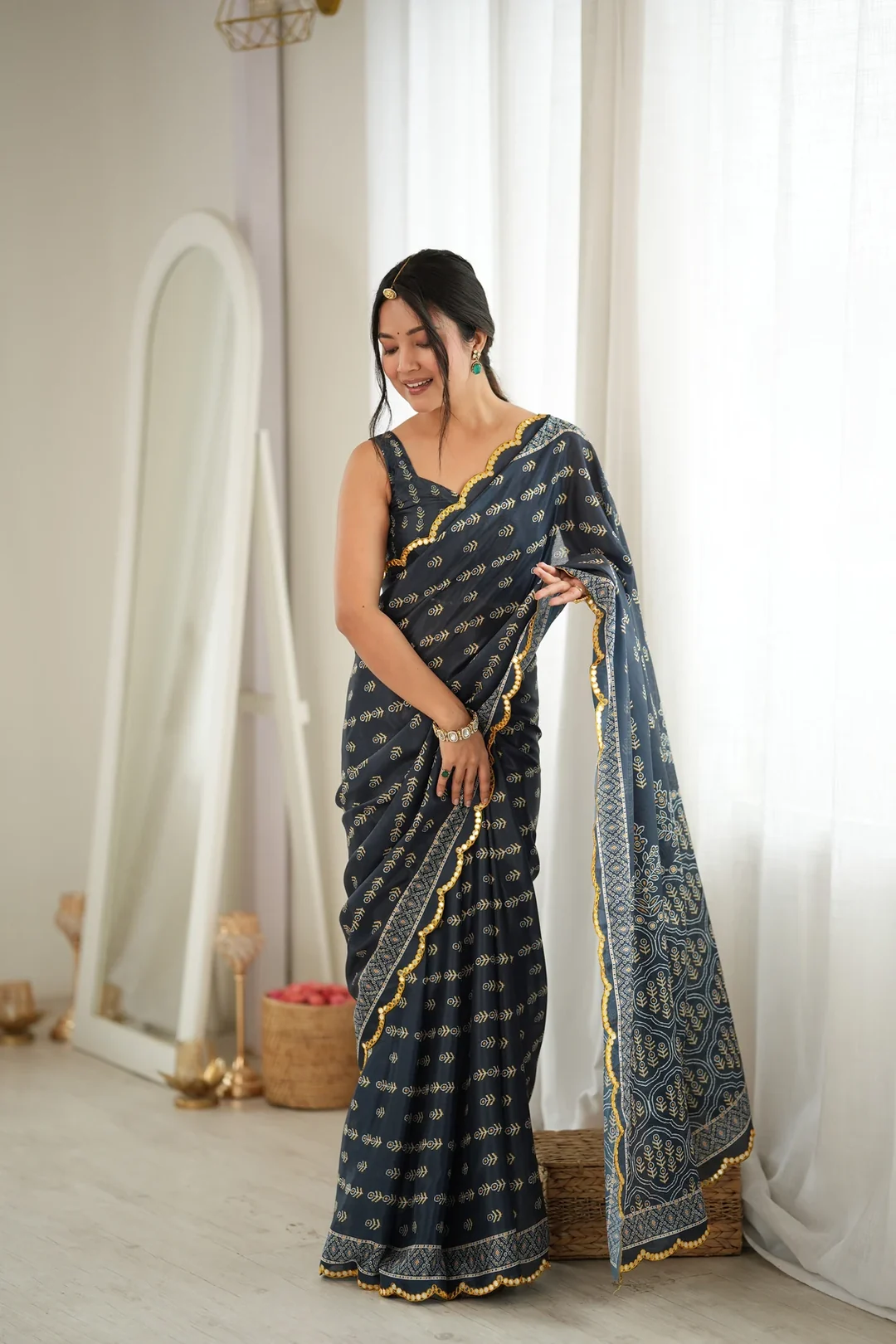 Grey Gold Motif Chinon Festive Saree with Mirror Cut Work