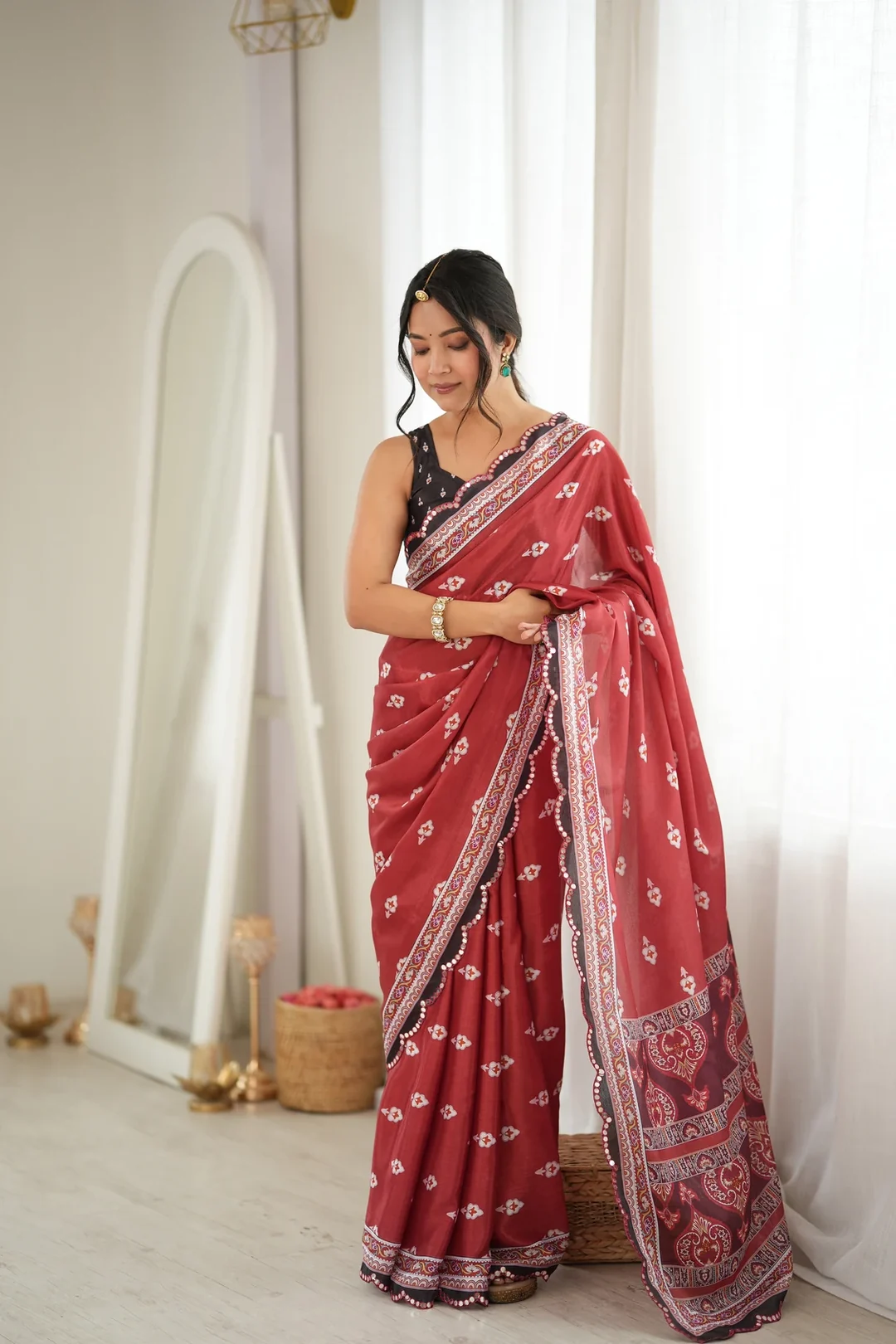 Rust Floral Motif Chinon Festive Saree with Mirror Cut Work