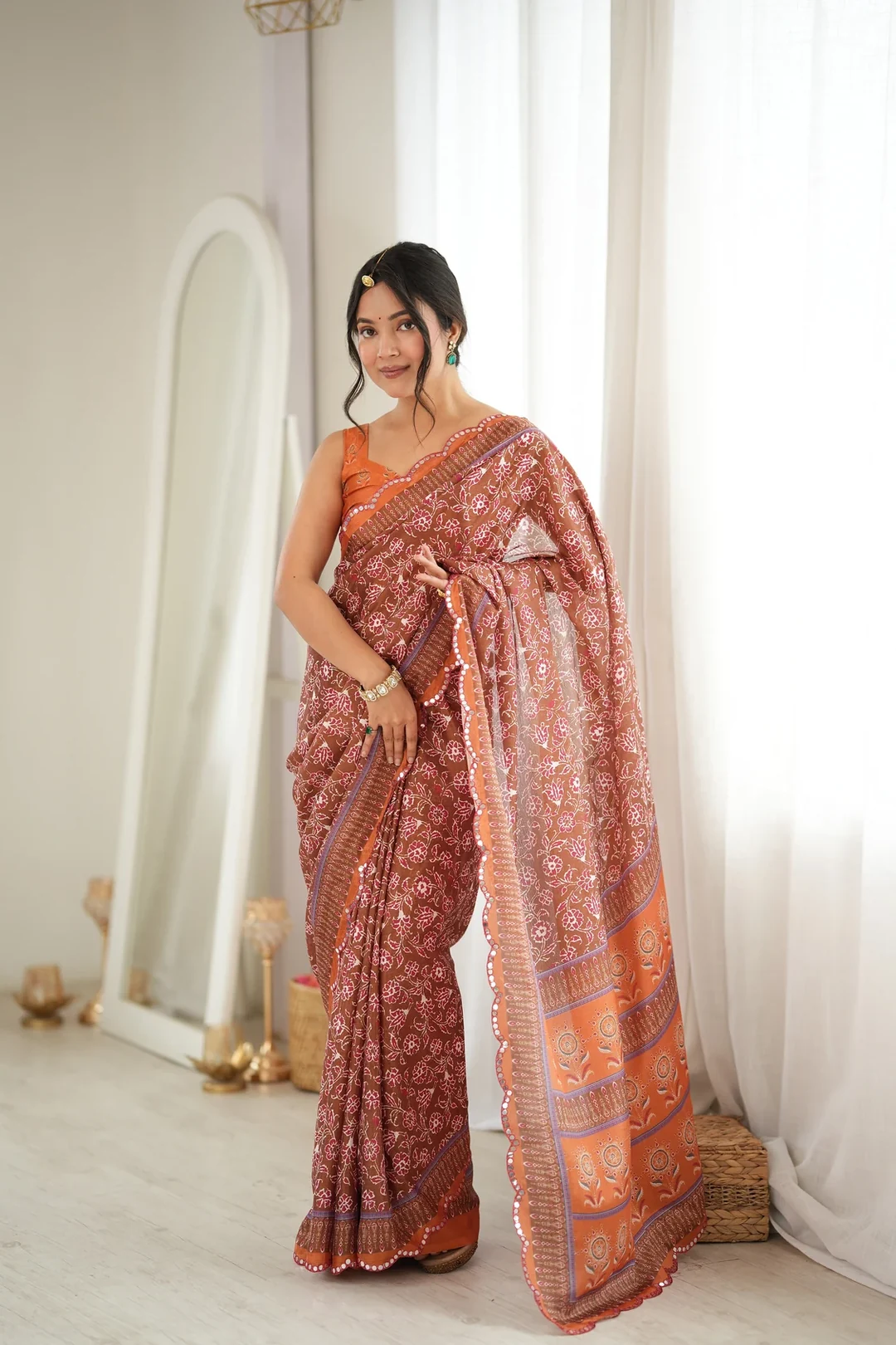 Orange Maroon Floral Chinon Festive Saree with Mirror Cut Work