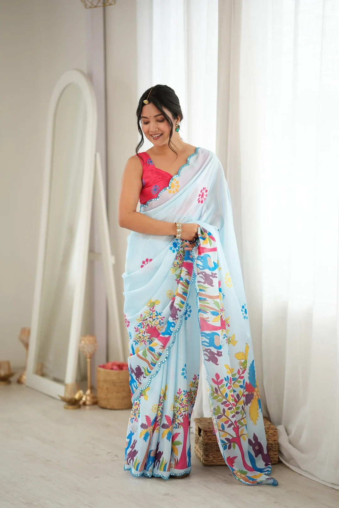 Aqua Blue Botanical Chinon Festive Saree with Mirror Cut Work