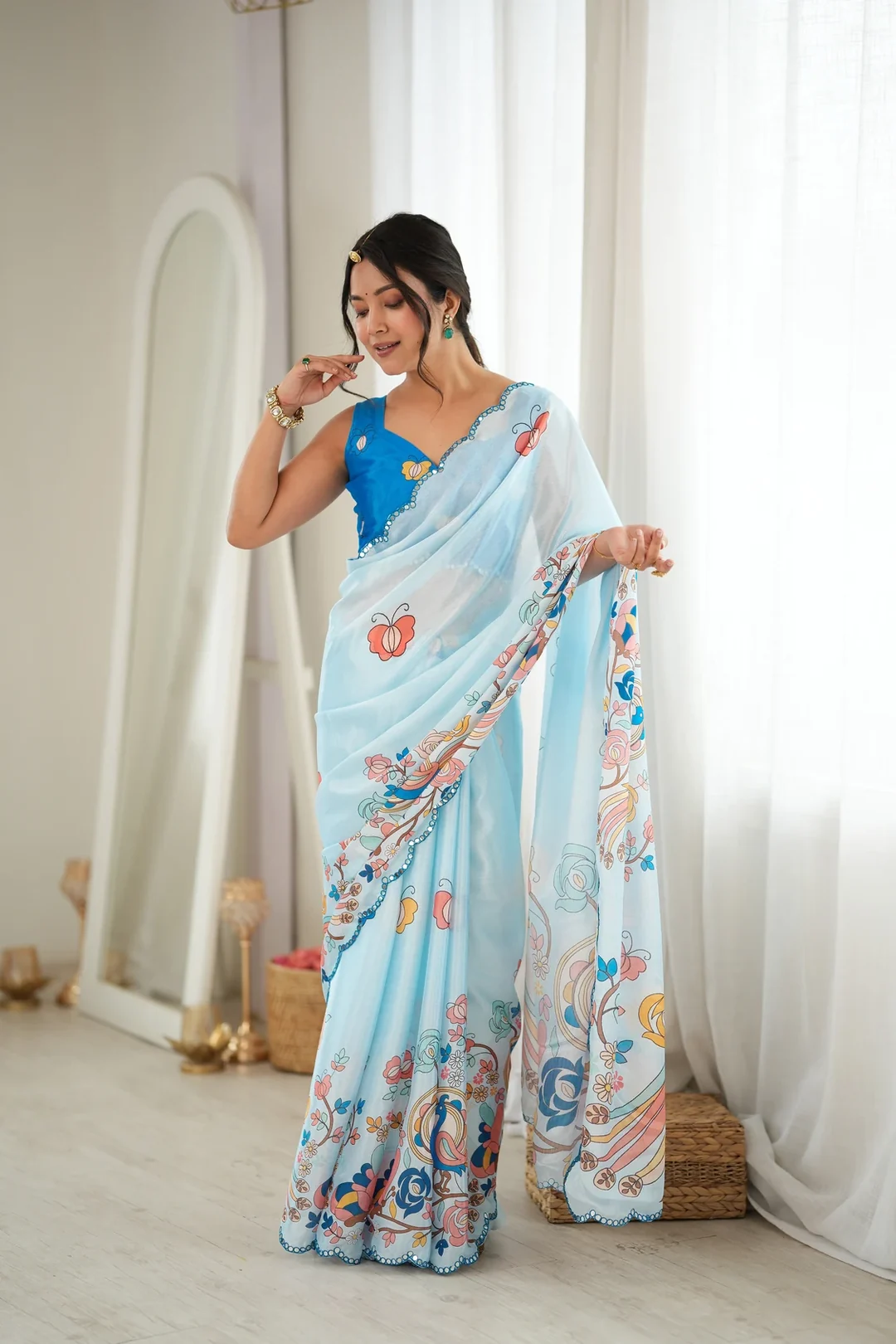 Aqua Blue Floral Border Chinon Saree with Mirror Cut Work
