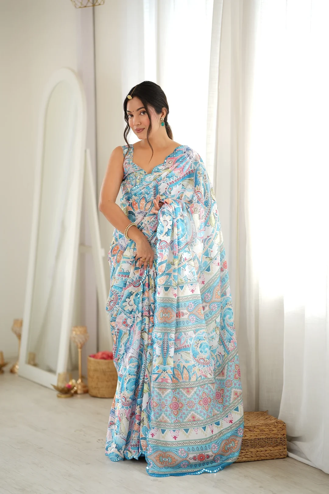 Aqua Blue Geometric Chinon Festive Saree with Mirror Cut Work