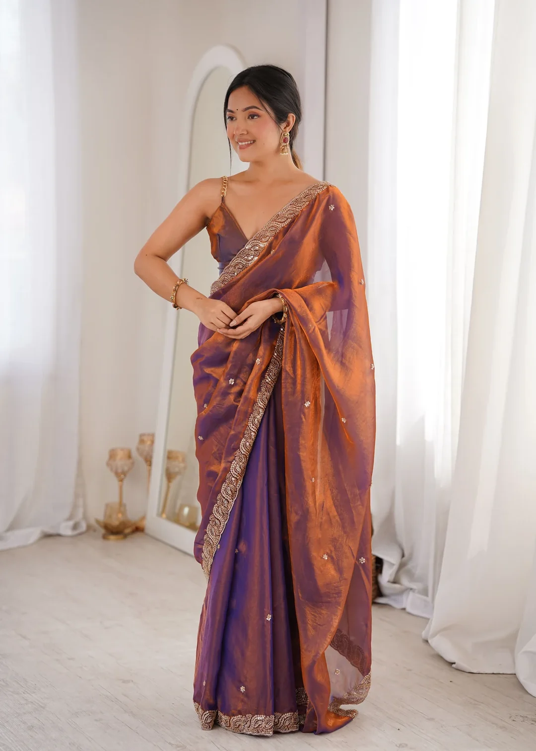 Purple and Orange Satin Saree with Beads and Pearl Embroidery