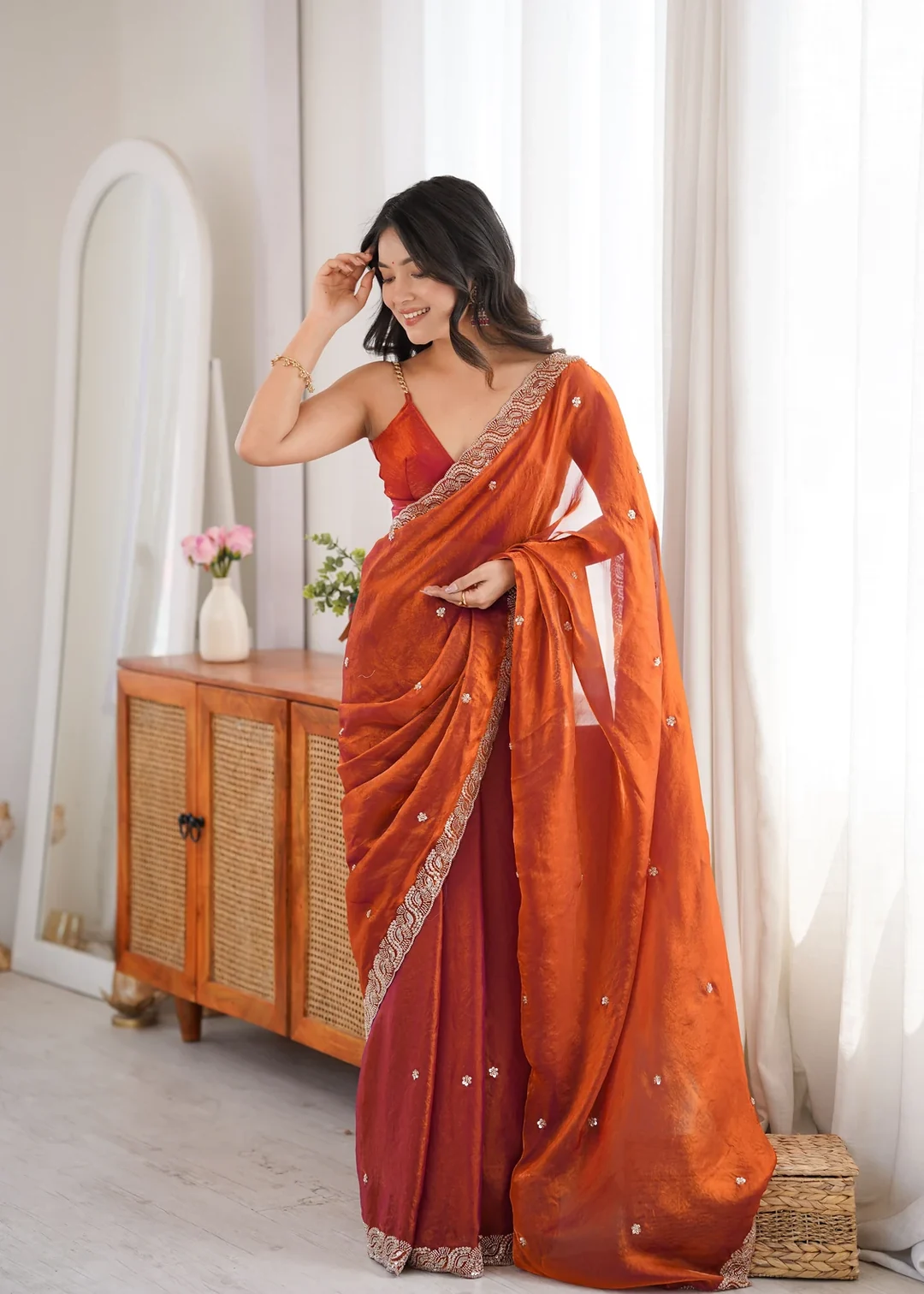 Orange Satin Festive Saree with Beads and Pearl Embroidery