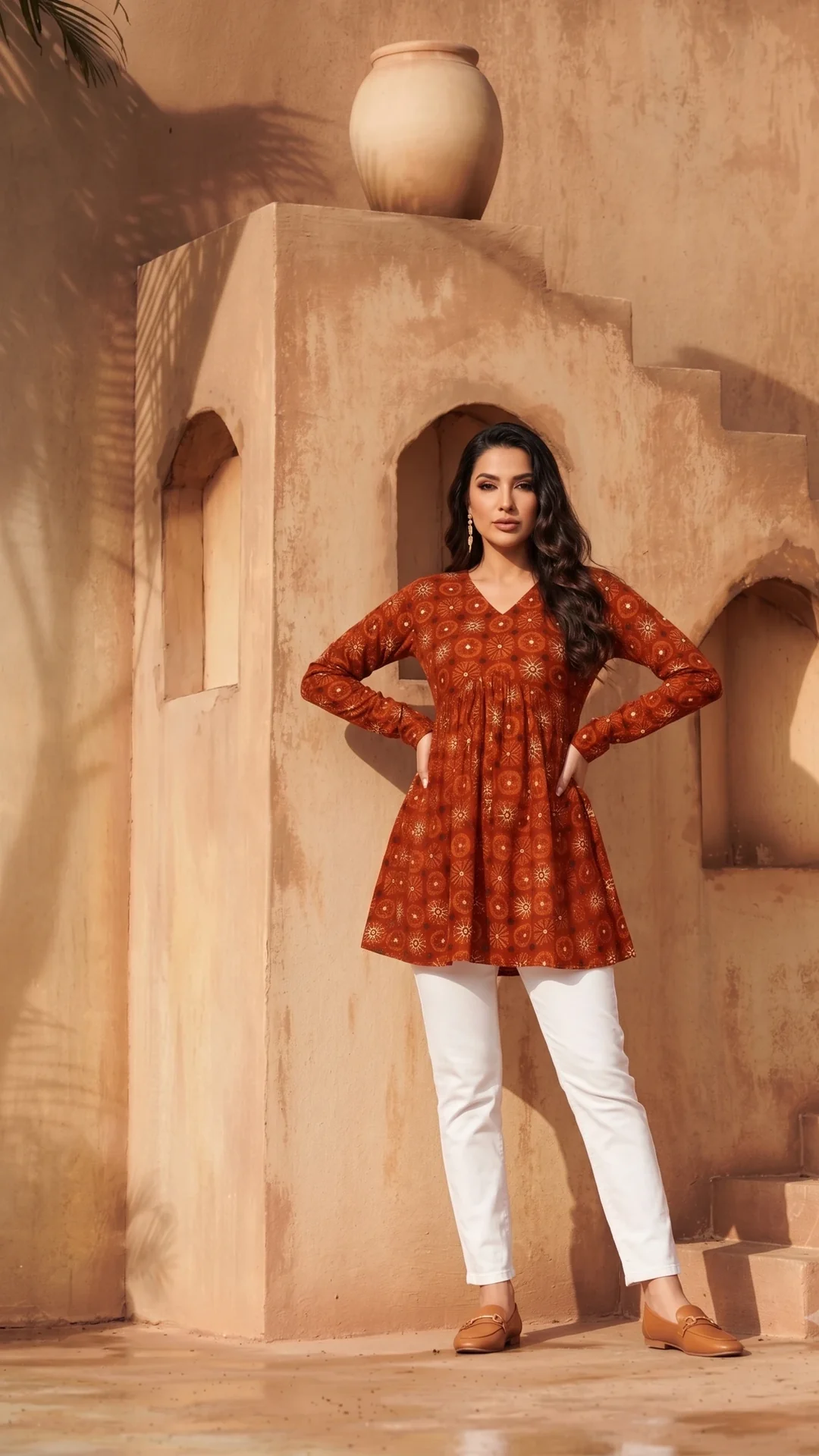 Red Delta Silk Printed Western Top for Casual and Office Wear