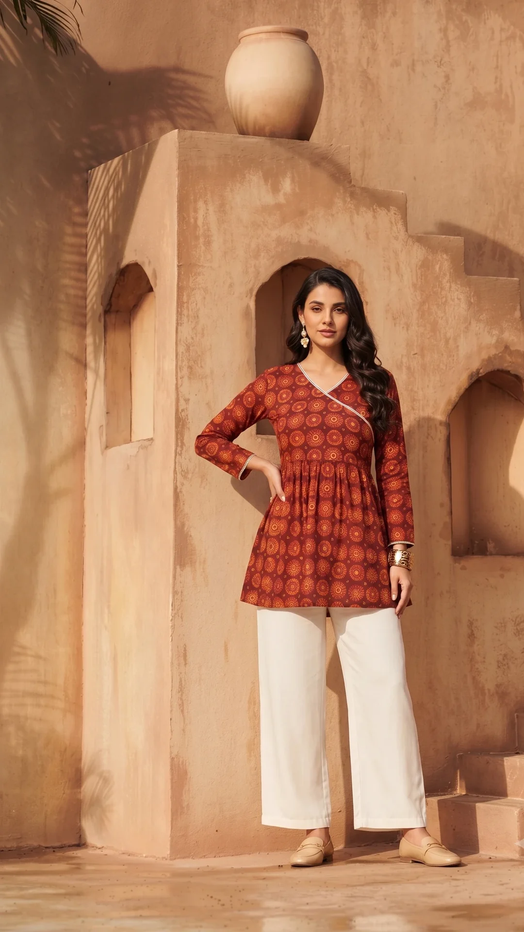 Orange Delta Silk Printed Western Top for Office and Casual Wear