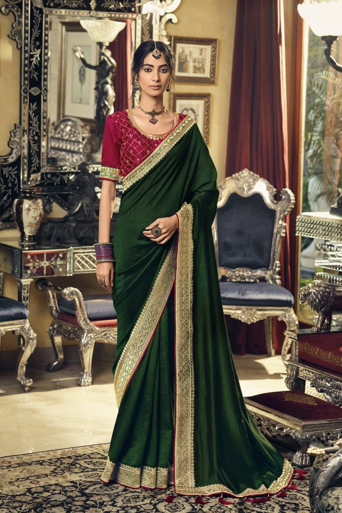 Dark Green Paithani Printed Brasso Silk Saree With Red Embroidered Blouse |  Kolour